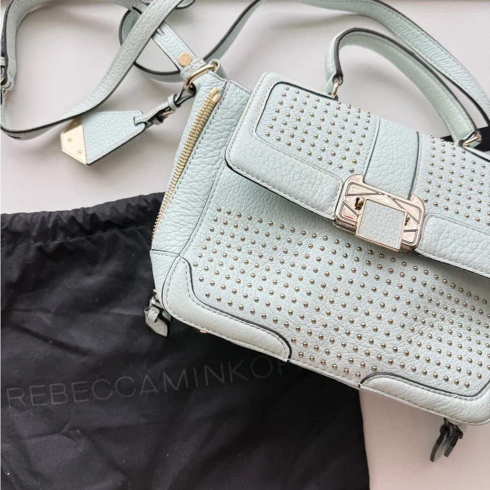 Rebecca Minkoff Studded Leather Crossbody Satchel Bag Mint Blue - Picture 10 of 13